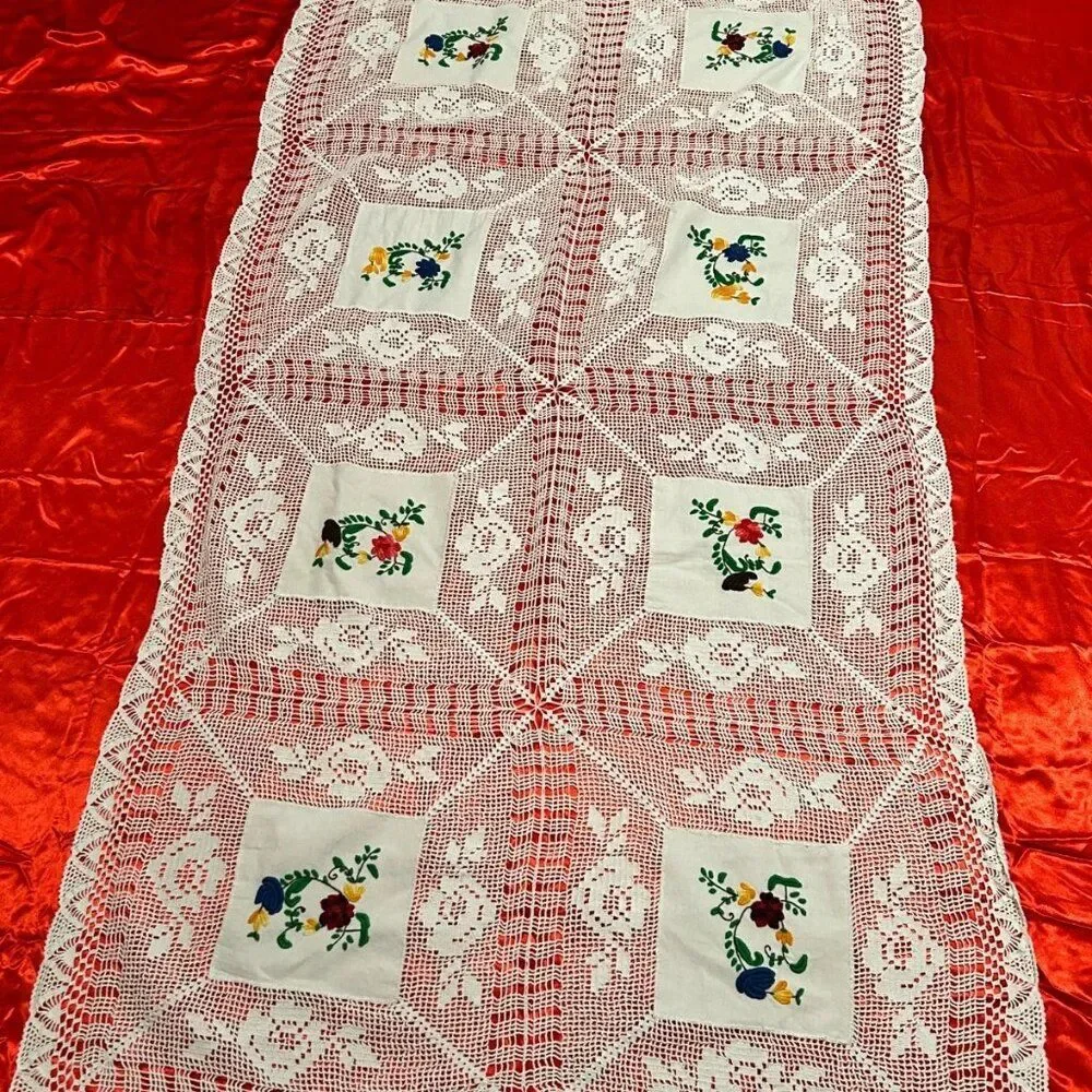 Vintage Hand-Crocheted Lace Tablecloth 74